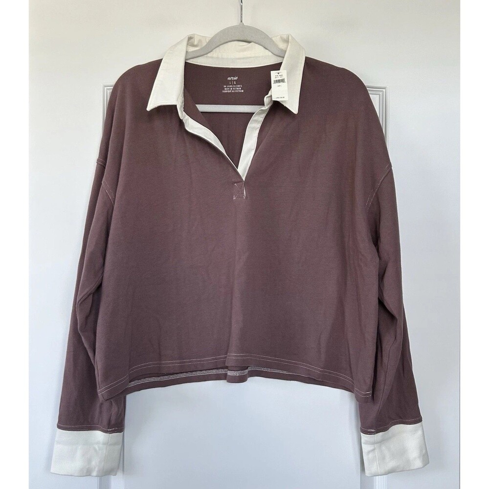 NWT Aerie Womens Rugby Polo Shirt Size L Cropped Mauve Long Sleeve
